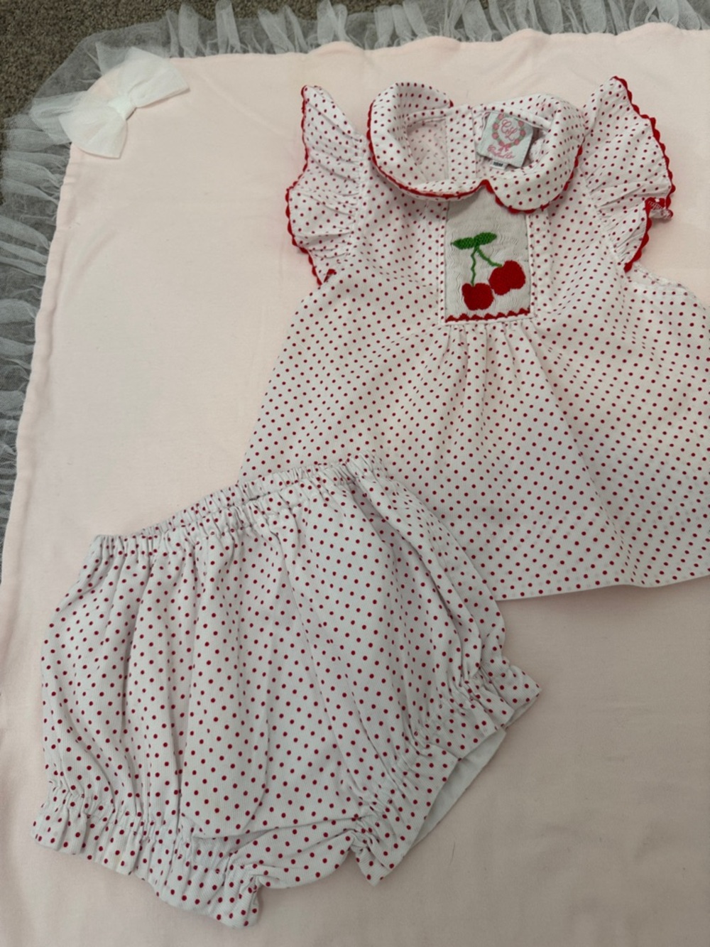 Girls' Cherry Polka Dot Two-Piece dress and diaper cover Set - White & Red